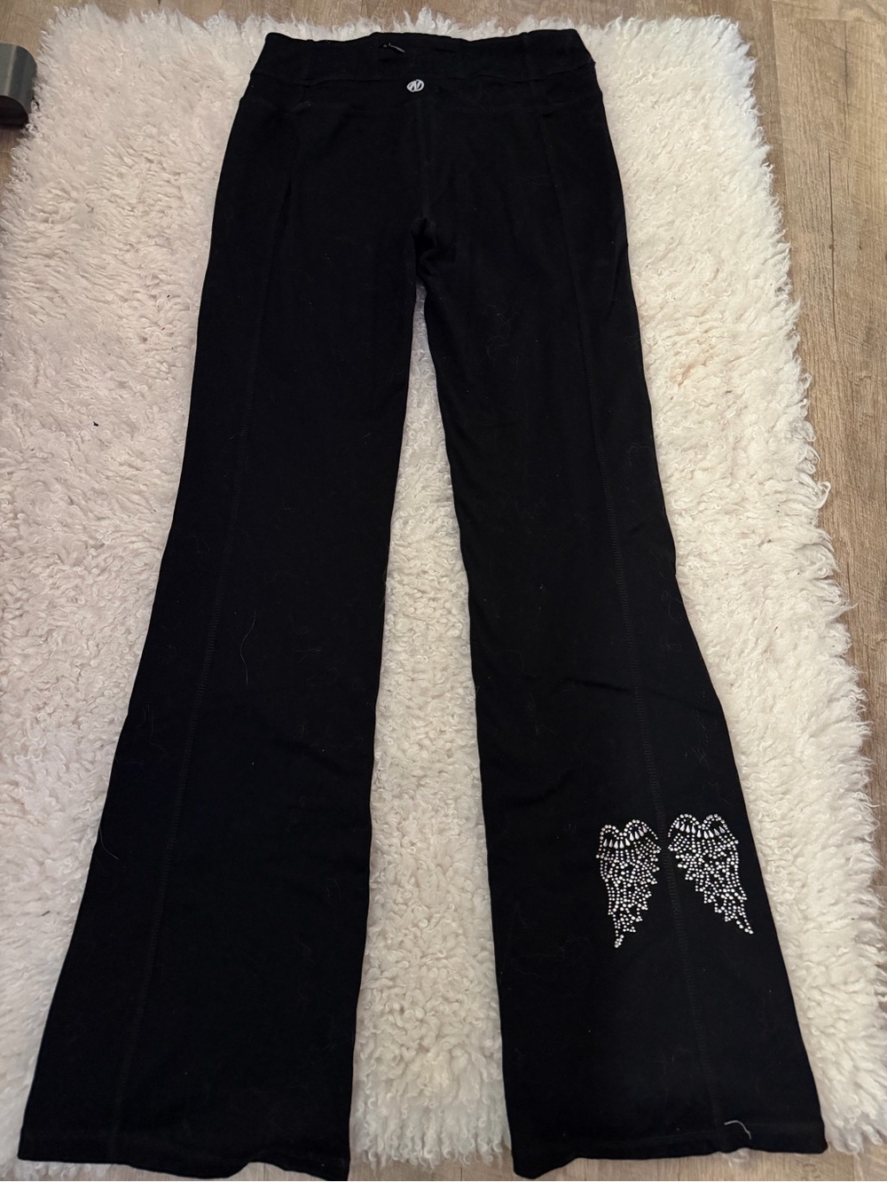 Y2K Black Wide-Leg Pants with Rhinestone Angel Wing Detail